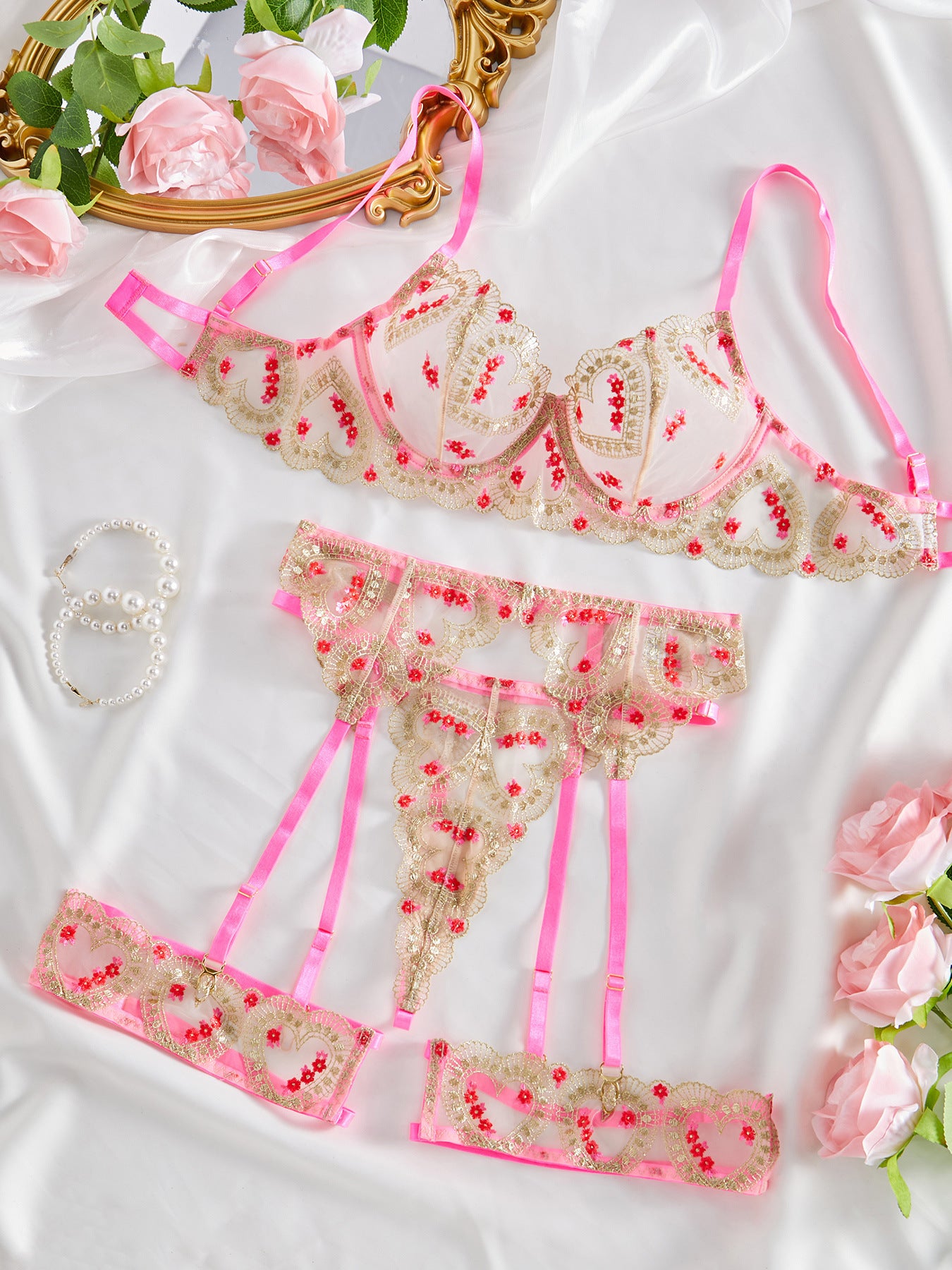 Rose Gold Dream: 5-Piece Pink & Gold Lingerie Set